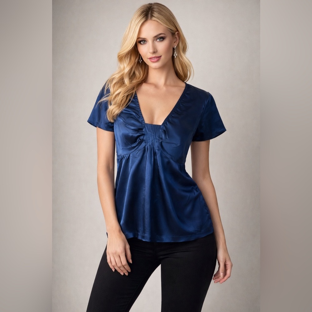 Sydney Tyler Navy Satin Blouse Size 6 NWT V Neck Pleated Top